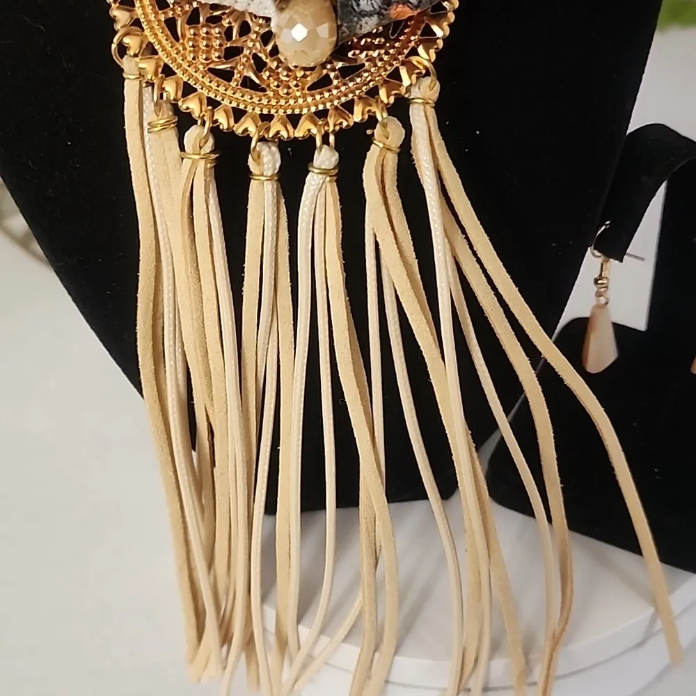 Unique Ivory Cord Multi Media Necklace AB Glass Earrings Set Gold - Image 6