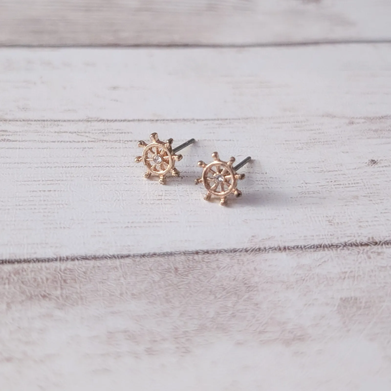 Gold Tone Nautical Wheel Stud Earrings - Image 6