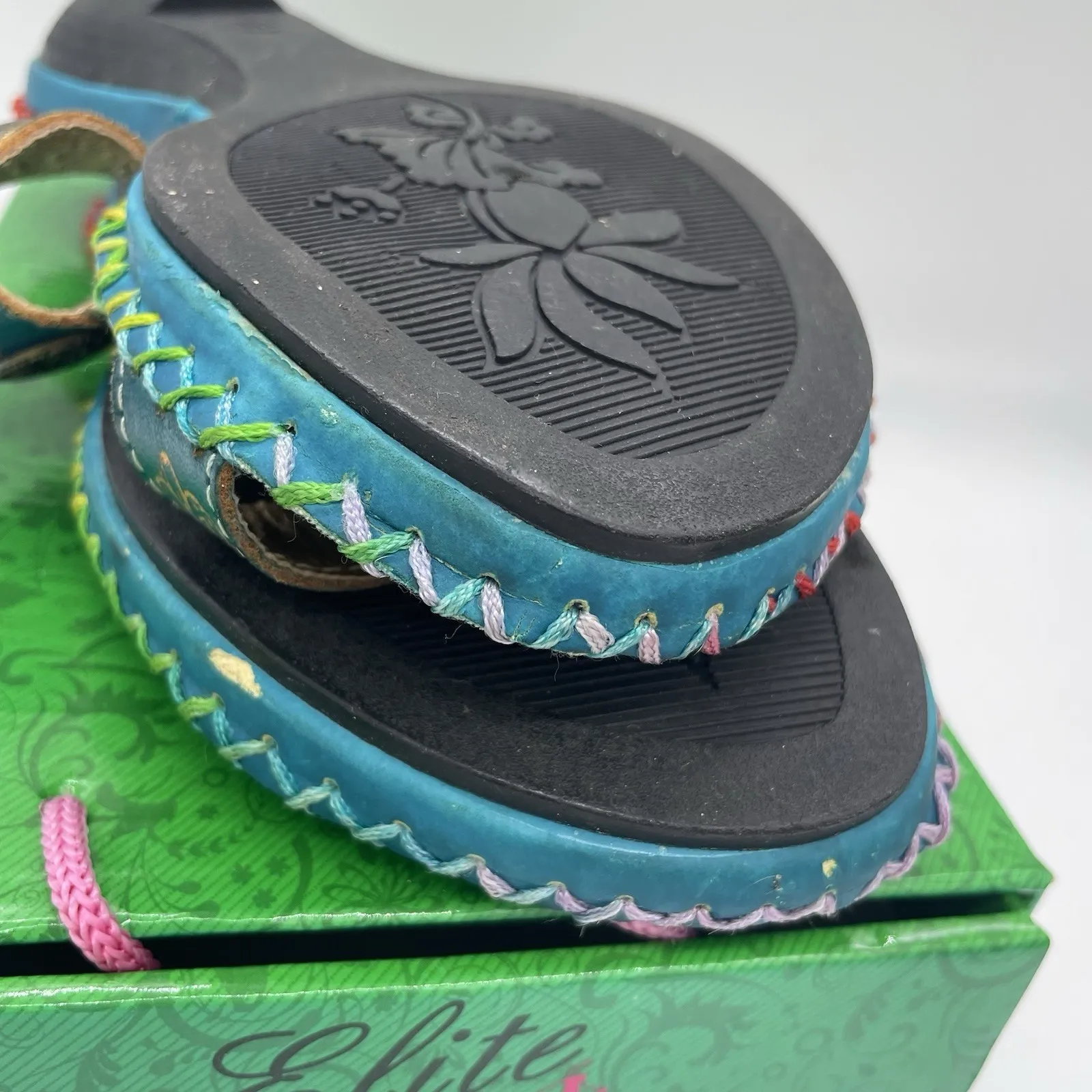 Elite By Corkys Womens 10 Sandal Tobago Teal Floral Tropical Brass Accents Slide Blue - Image 10