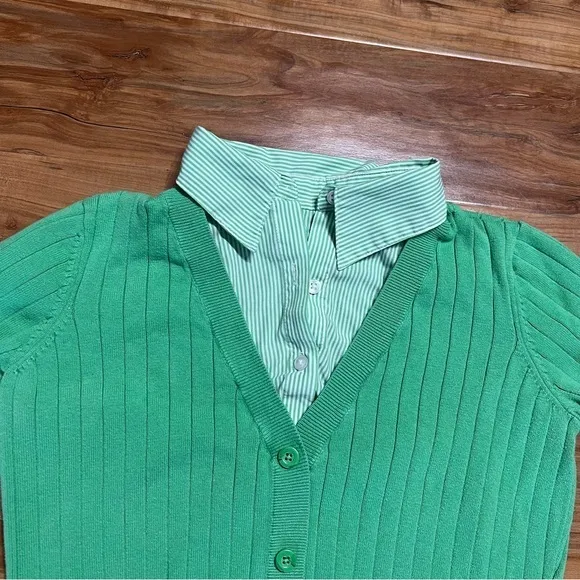IZOD Faux Layer Collared Sweater Womens Small Green Striped Vintage Y2K‎ - Image 2