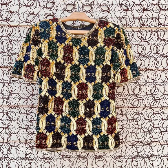 Vintage Laurence Kazar art deco bead sequin silk blouse gold chain pattern - Image 1