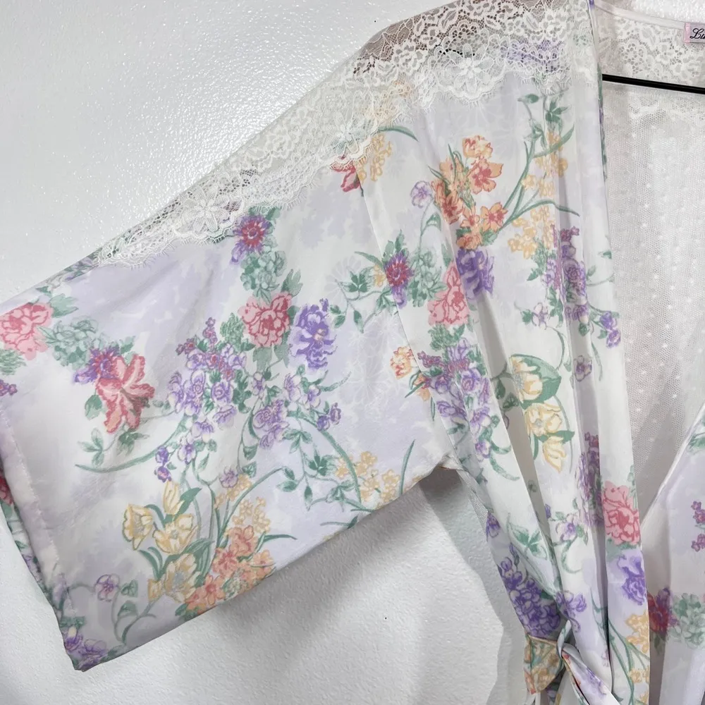 Linea Donatella Floral Kimono Robe S/M Lace Trim Wrap Sheer Lightweight Romantic - Image 6