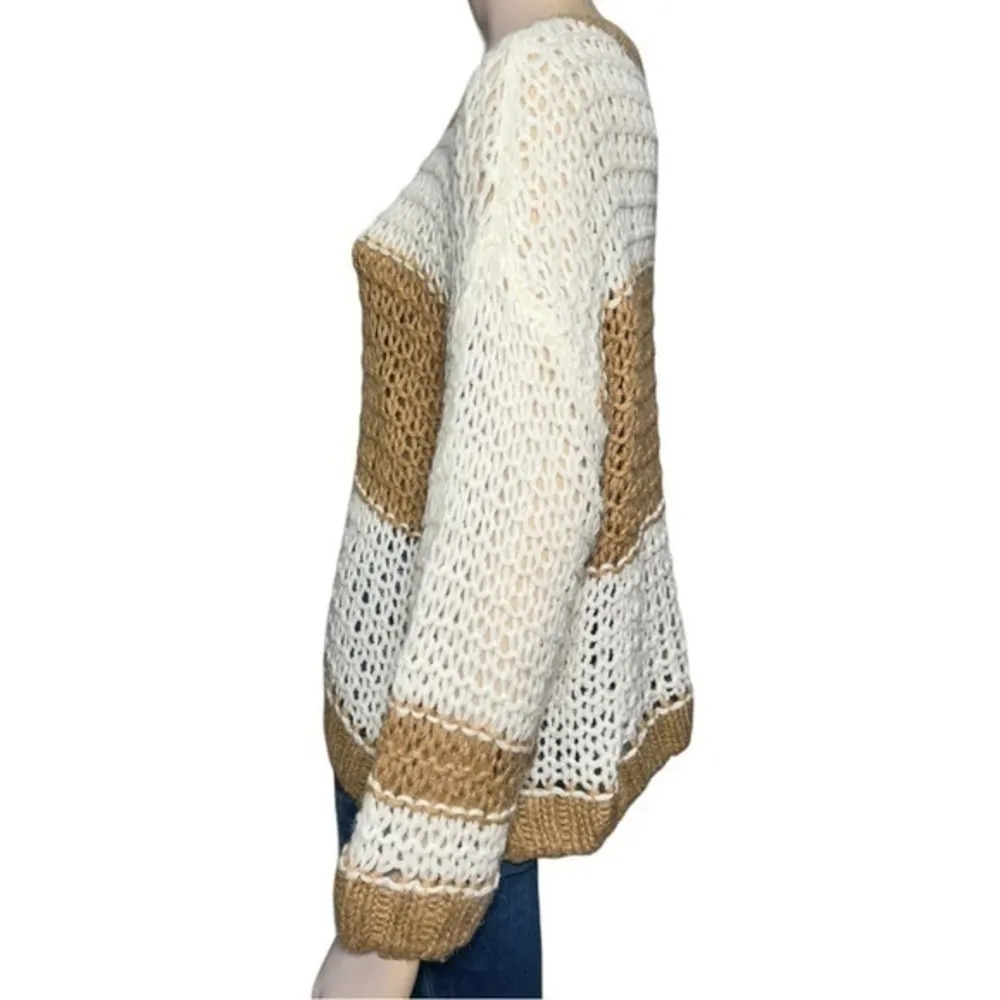 Free People Women’s Size S Tan Beige Cream Striped Color Block Loose Fit Sweater - Image 3