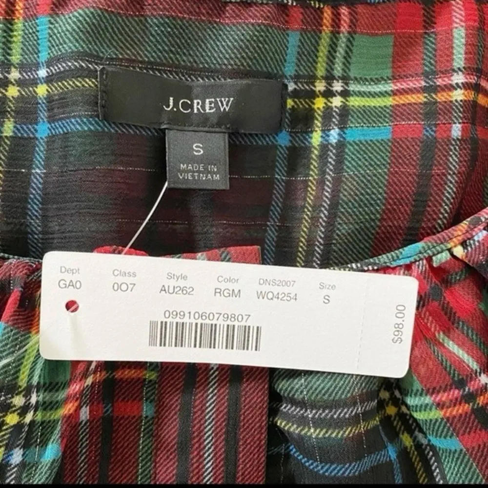 J. Crew Tartan Plaid Red Green Metallic Sheer Ruffle Button Tank Blouse NWT S‎ - Image 7