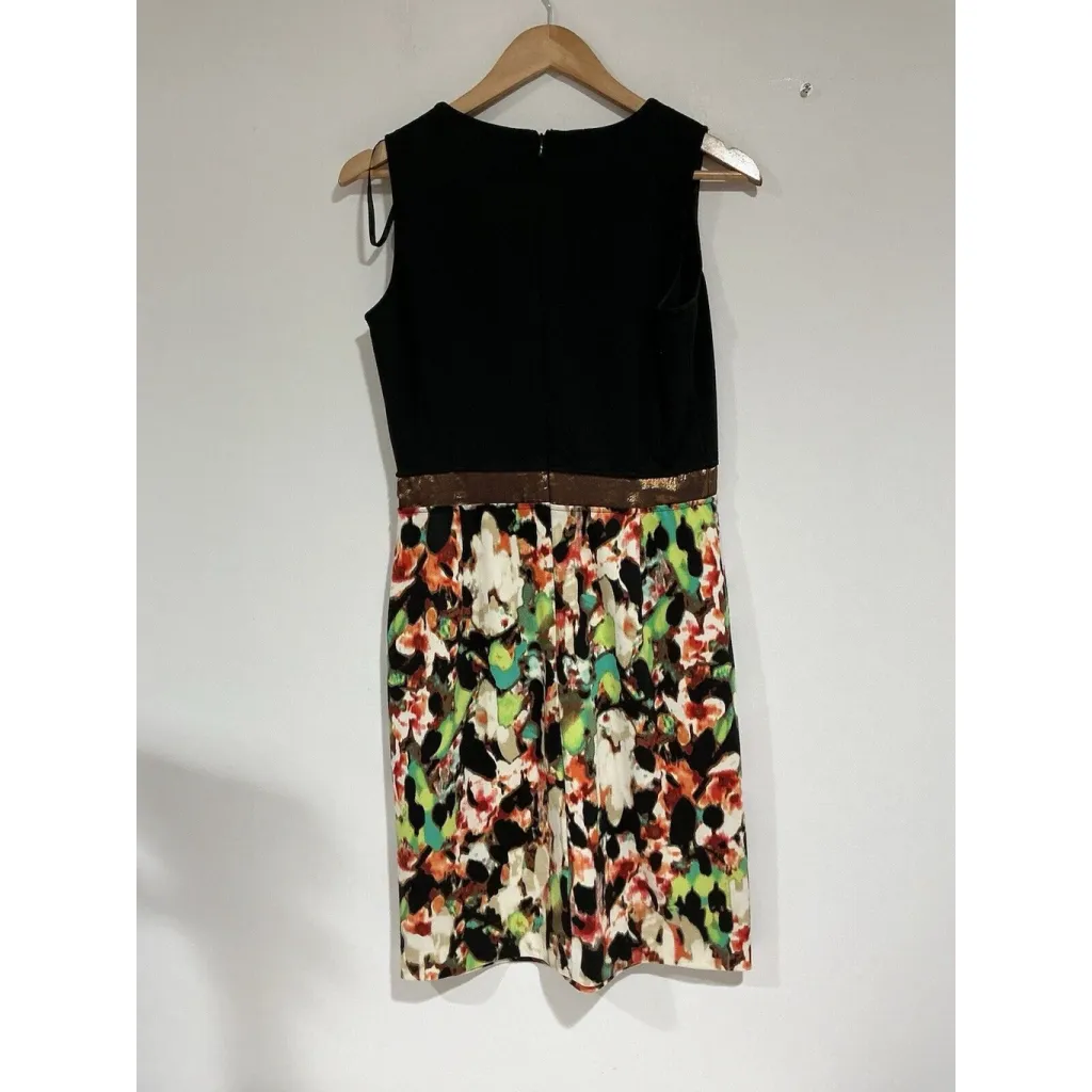 Woman Calvin Klein Black Top Floral Bottom Sleeveless Pencil Knee Length Dress 6 - Image 2