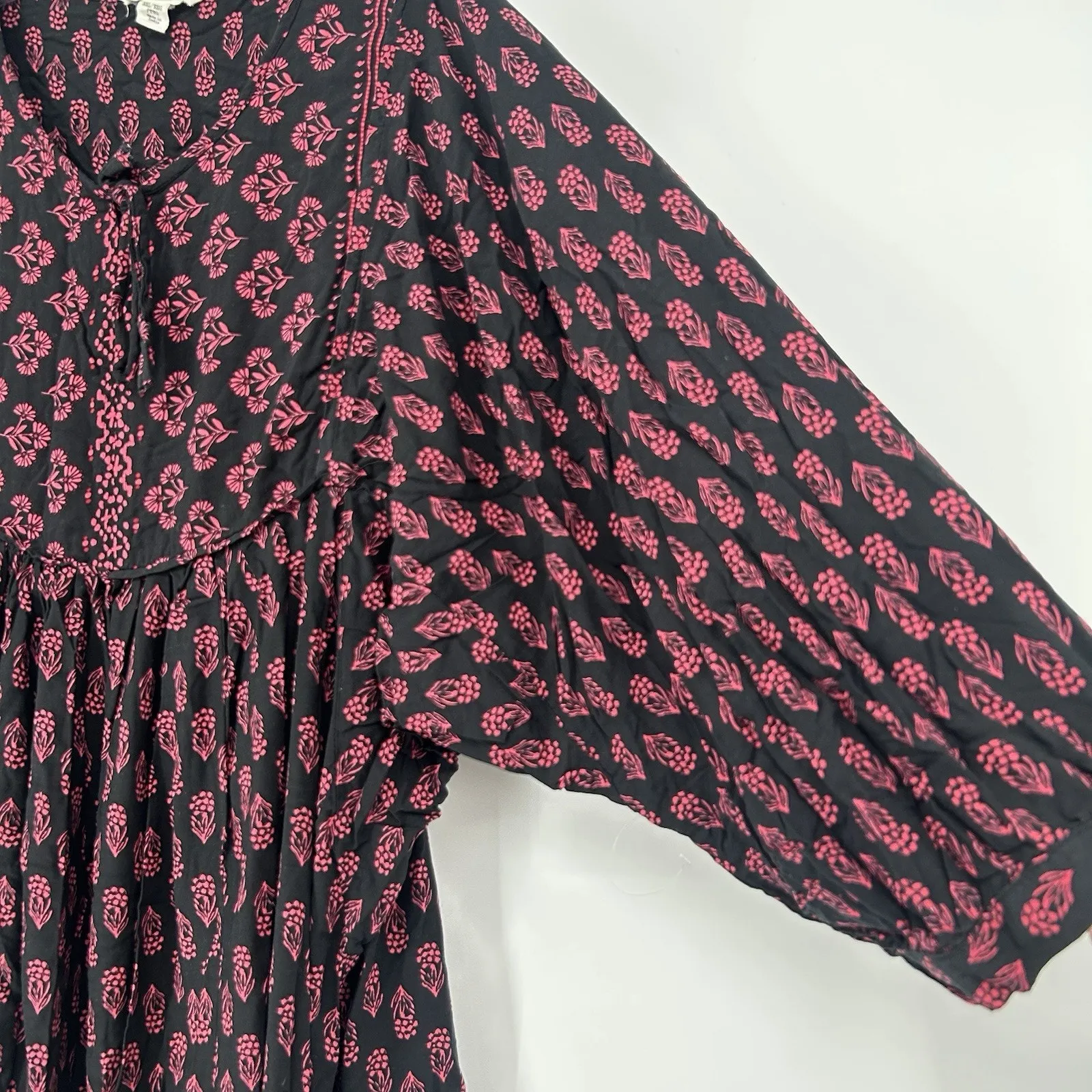 Beach Lunch Lounge Boho Peasant Dress Black Pink Floral Balloon Sleeves Size XXL - Image 3