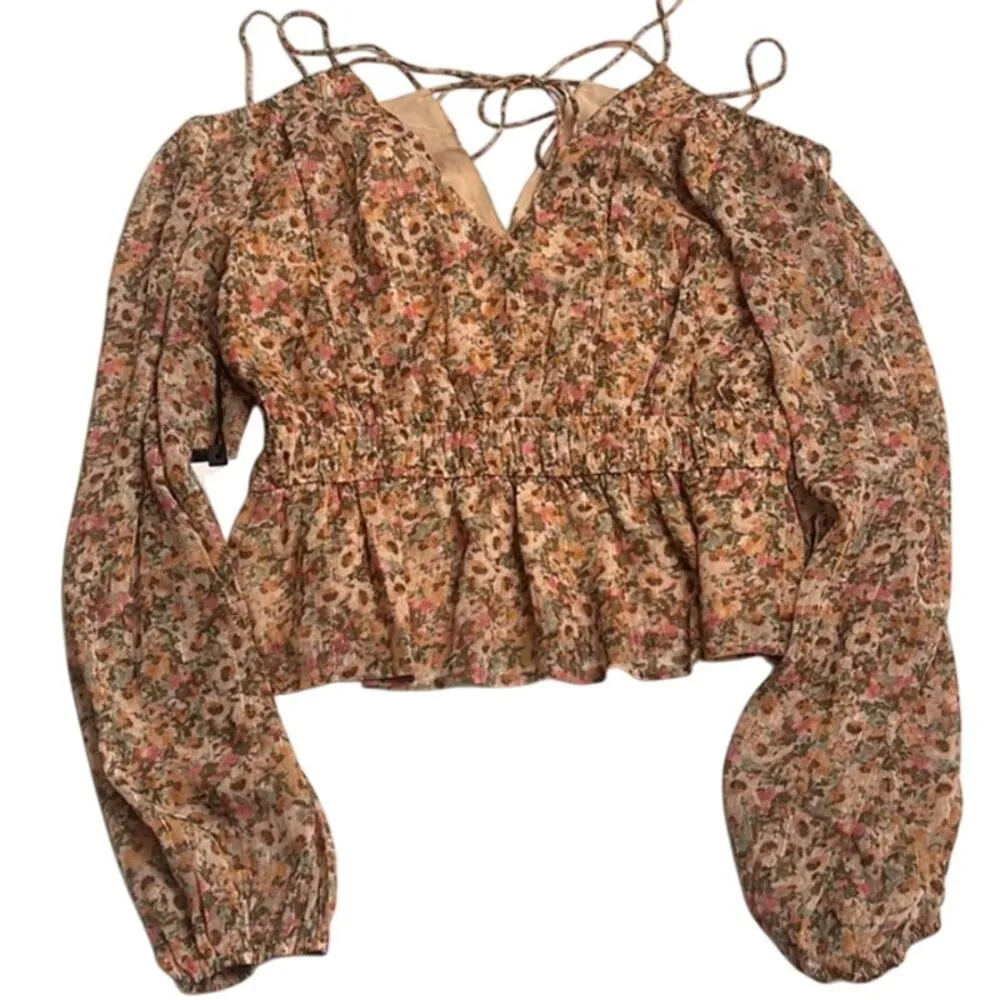 Astr The Label Hart Floral Cold Shoulder Cutout Peplum Top SZ L NWT Romantic Y2K Tan Size L - Image 2