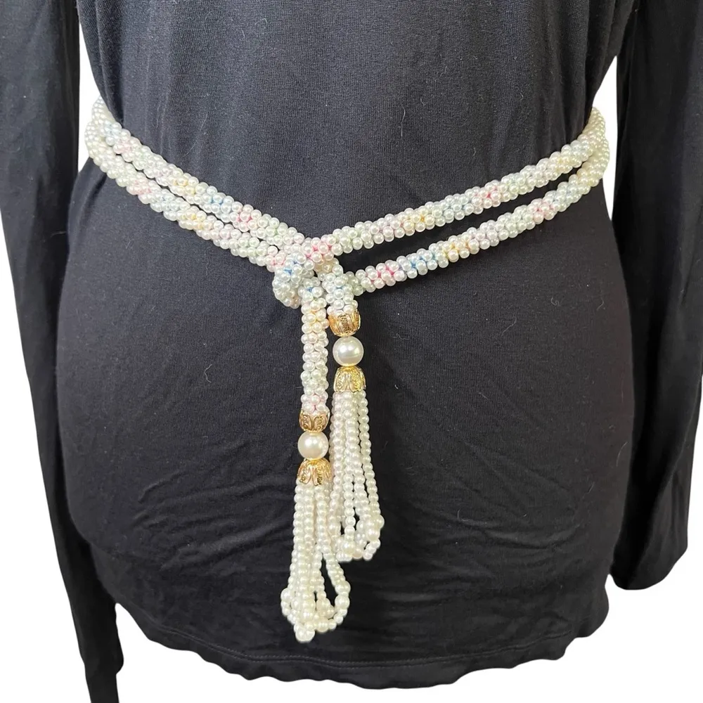 VTG Faux Pearl Beaded White Gold Rainbow Thread Tassel Strand Belt Sash Elegant - Image 2