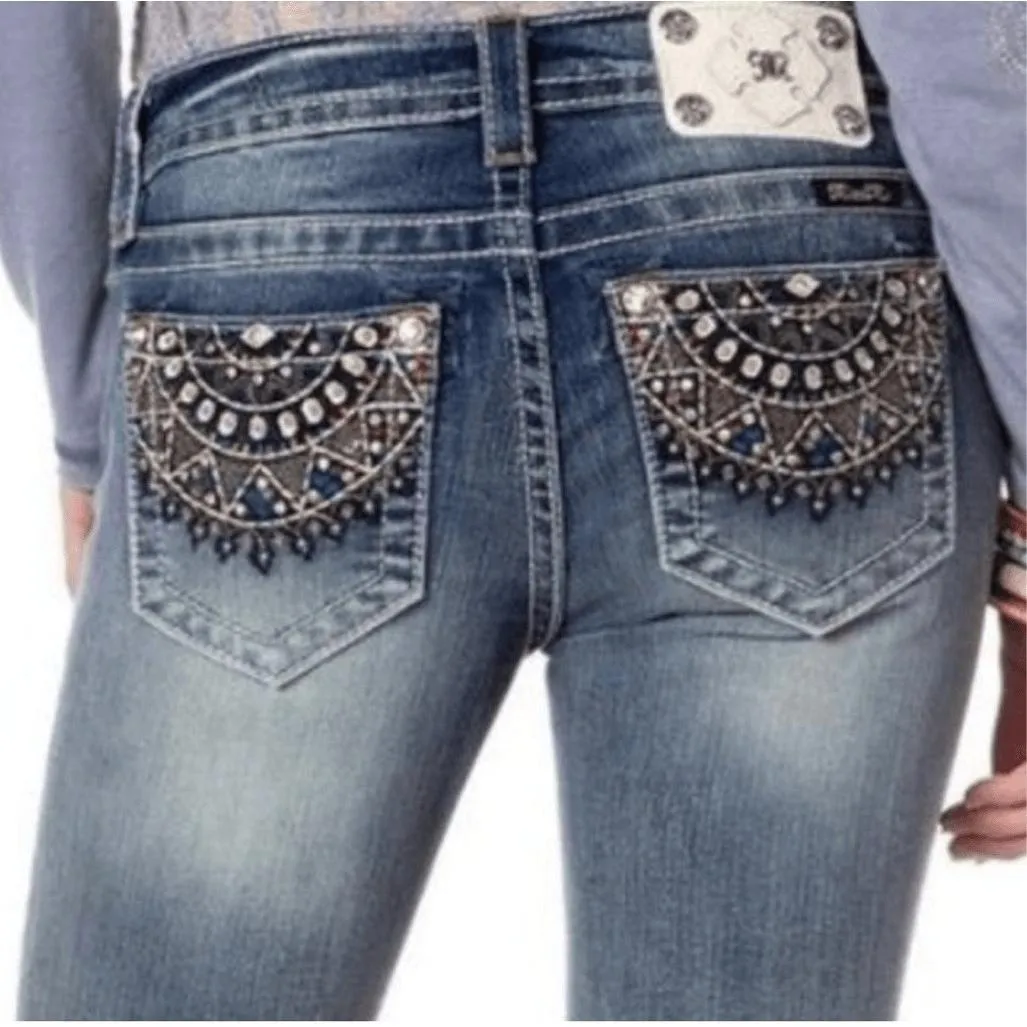 Miss Me Women's Mid-Rise Cuffed Stretch Capri Jeans Blue Embellished Bling - Image 2