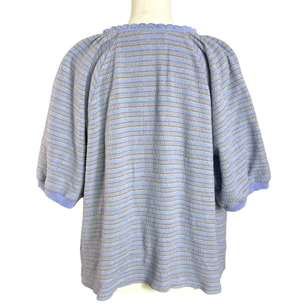 Free People Crochet Terry Cloth Sweatshirt Cardigan Periwinkle Stripes Large - Image 13