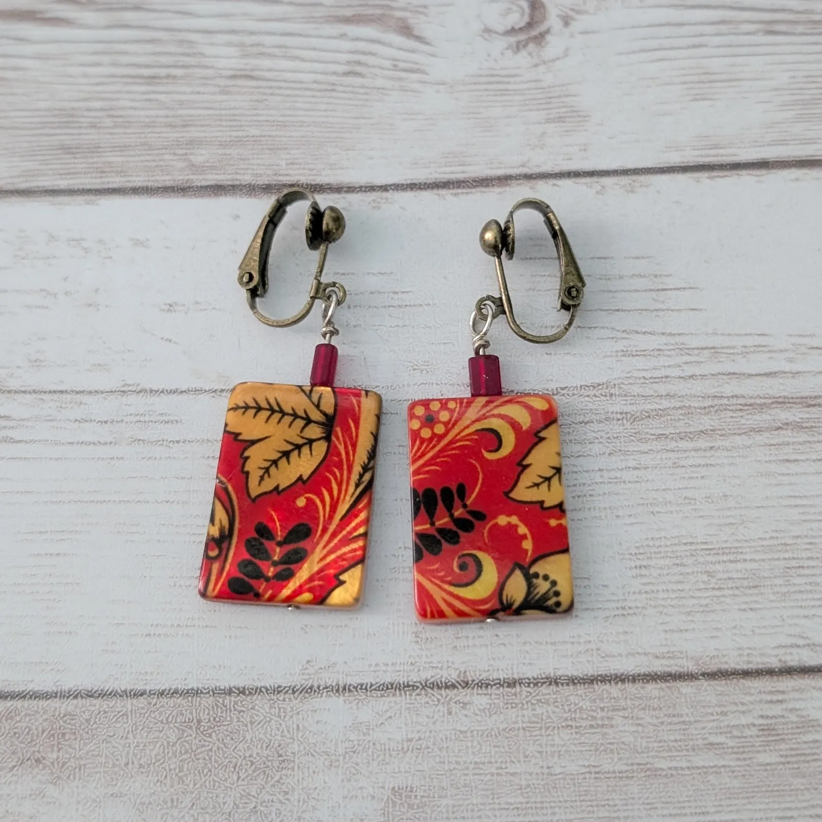 Vintage Clip On Earrings Redish Orange and Golden Yellow Tones Stunning Dangle - Image 3