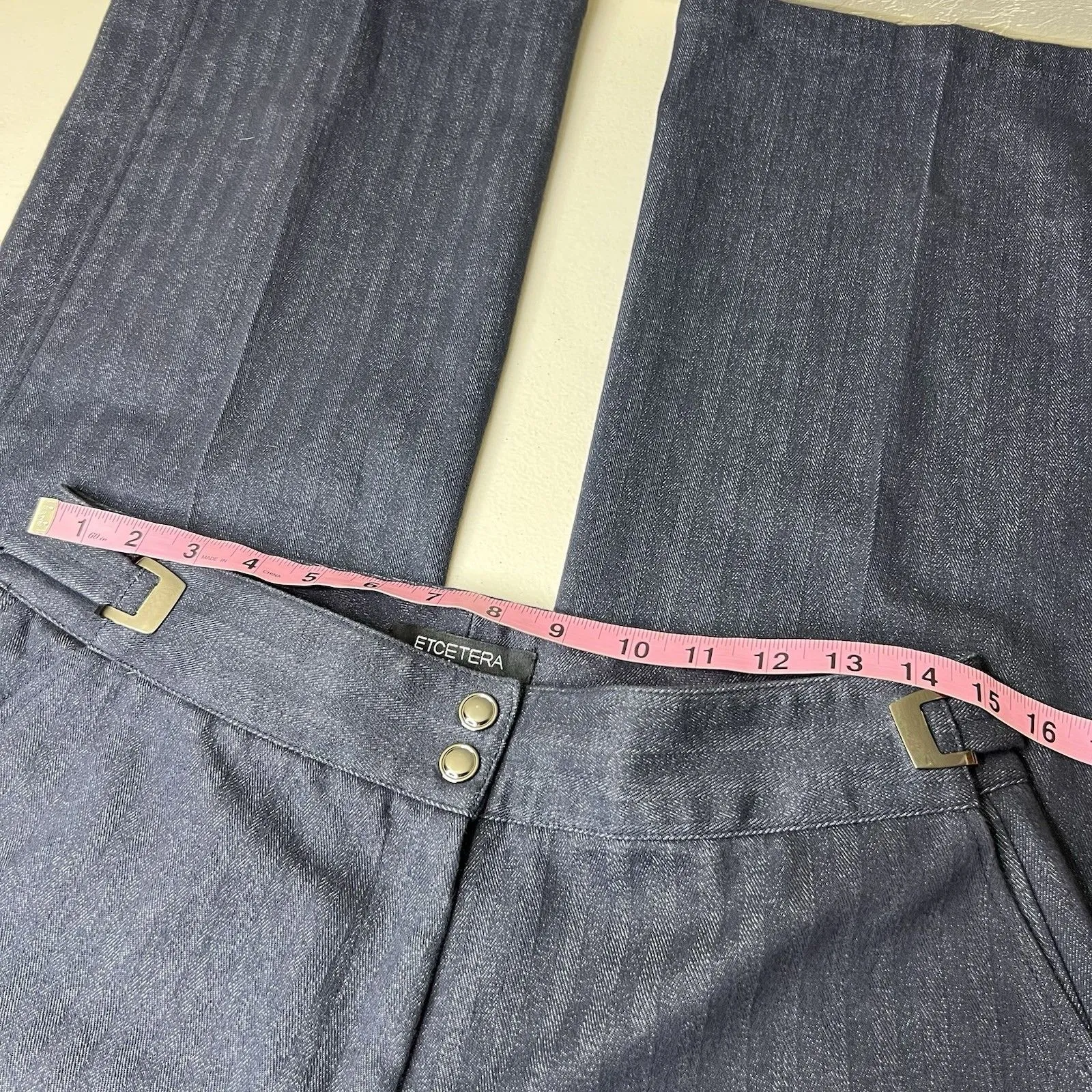 Etcetera Flare Jeans Womens 10 Pinstripe Side Buckle Stretch Pleat Y2k Retro 34” - Image 3