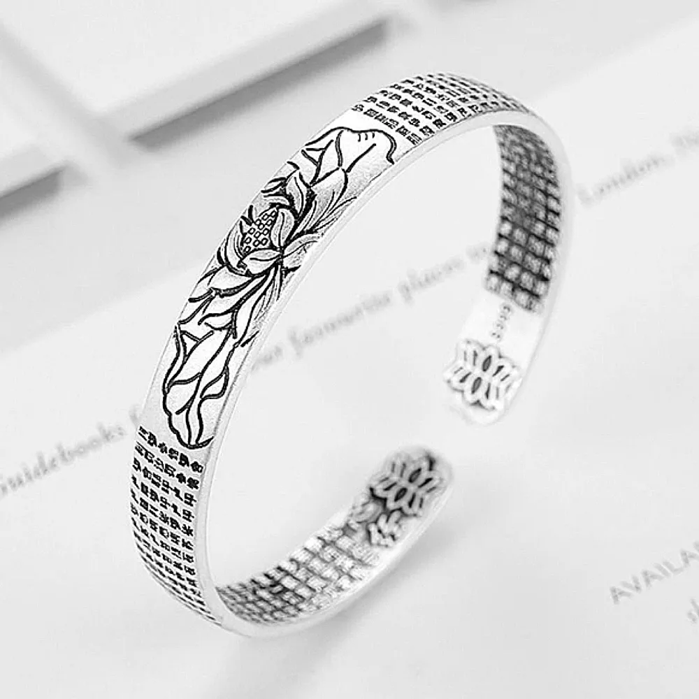 Unisex Buddhist 999 Silver Lotus Flower Cuff Bracelet One Size, Adjustable‎ - Image 6