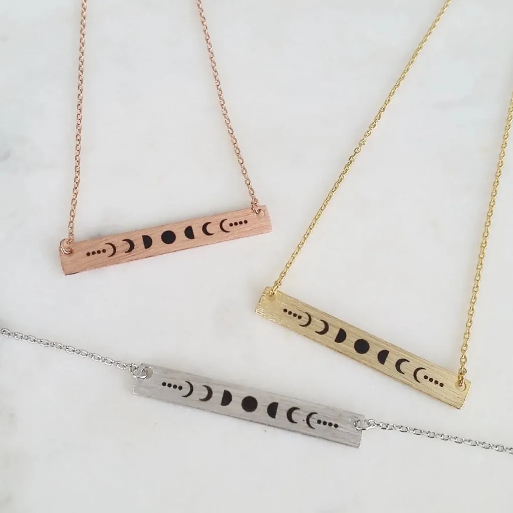 Yellow Gold Plated‎ Celestial Necklace w/ Moon Phase Bar Necklace, 16-18” - Image 2