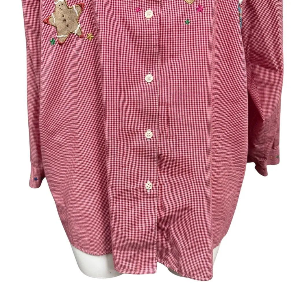 Karen Scott II Red Gingham Christmas Embroidered Button Down Shirt Size 1X - Image 3