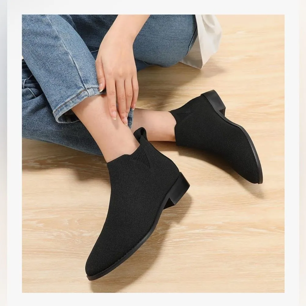 Bacia Women’s Sock Chelsea Ankle Boots Square Toe Short Low Heel Booties 7 NIB Black - Image 12