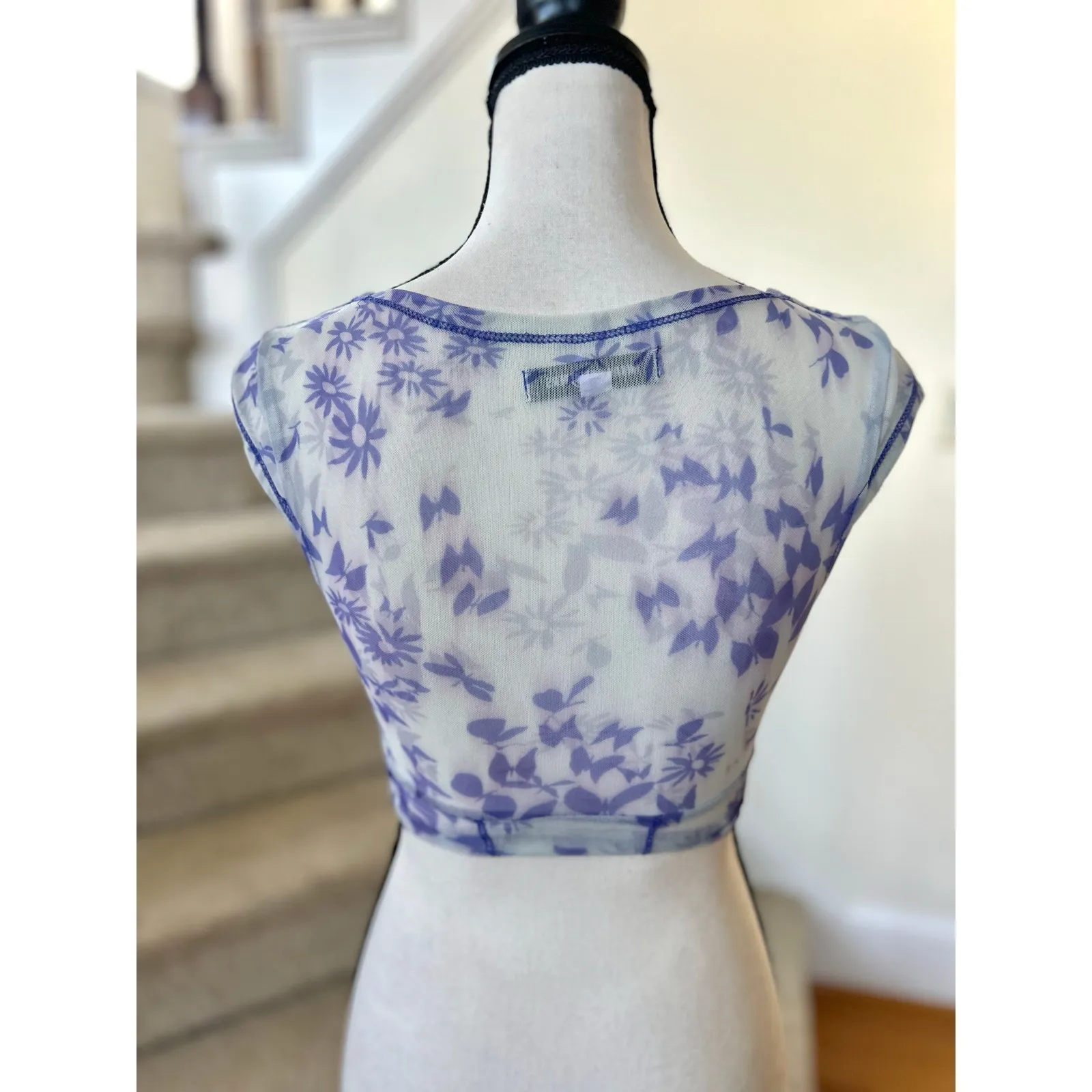 Urban Outfitters Purple Blue Floral Mesh Cropped Sheer Corset Fairy Whimsygoth - Image 3