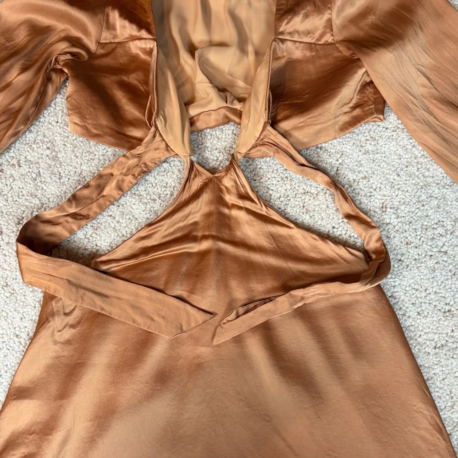 Revolve x Camila Coelho Krista Tie Front Feather Sleeve Gold Satin Mini Dress Sm - Image 10