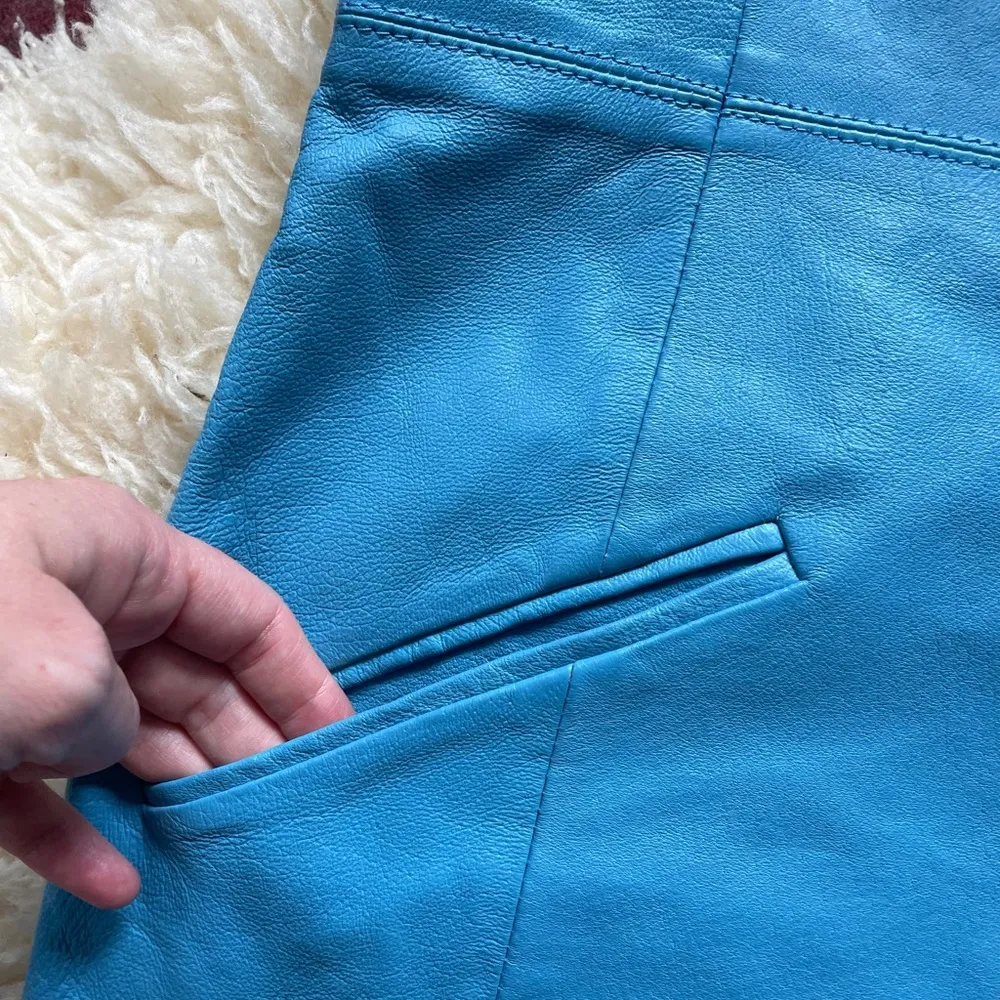 Y2K All Leather Sheath dress Spaghetti strap fitted blue leather dress Size 4 - Image 8