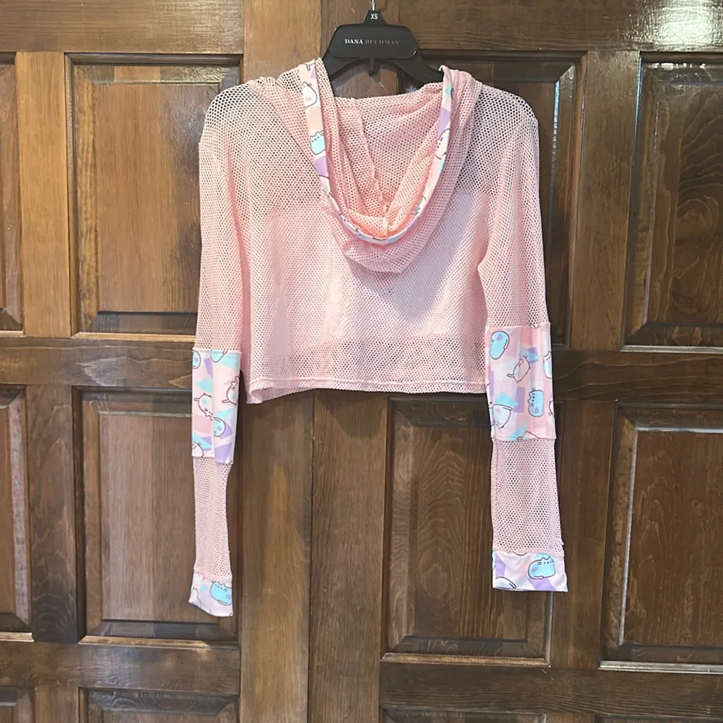 Hot Topic Pusheen Active Crop Jacket Size Large Pink Mesh Hoodie Pullover - Image 2