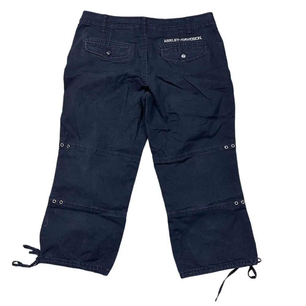 Harley-Davidson Women's Black Capri Cargo Pants Logo Pockets Drawstrings Sz 8 - Image 3