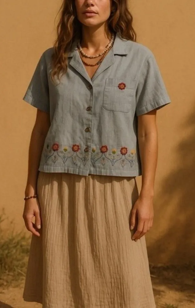 Vintage 90's Alfred Dunner Womens Floral Embroidered Button Shirt sz 16 Boho‎ Blue - Image 2