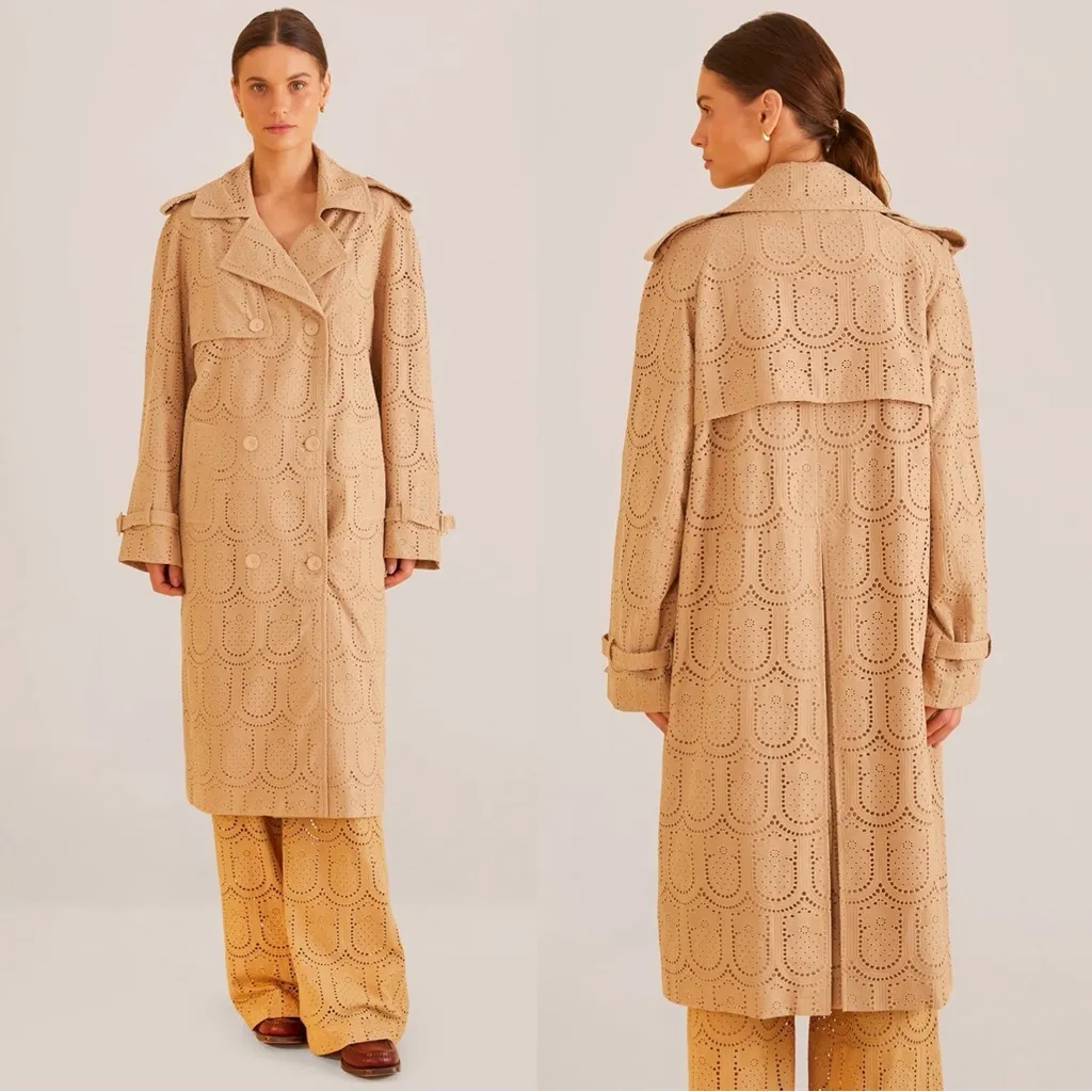 Farm Rio Khaki Pineapple Cotton Eyelet Trench Coat Size Large Neutral Bohemian - Image 3
