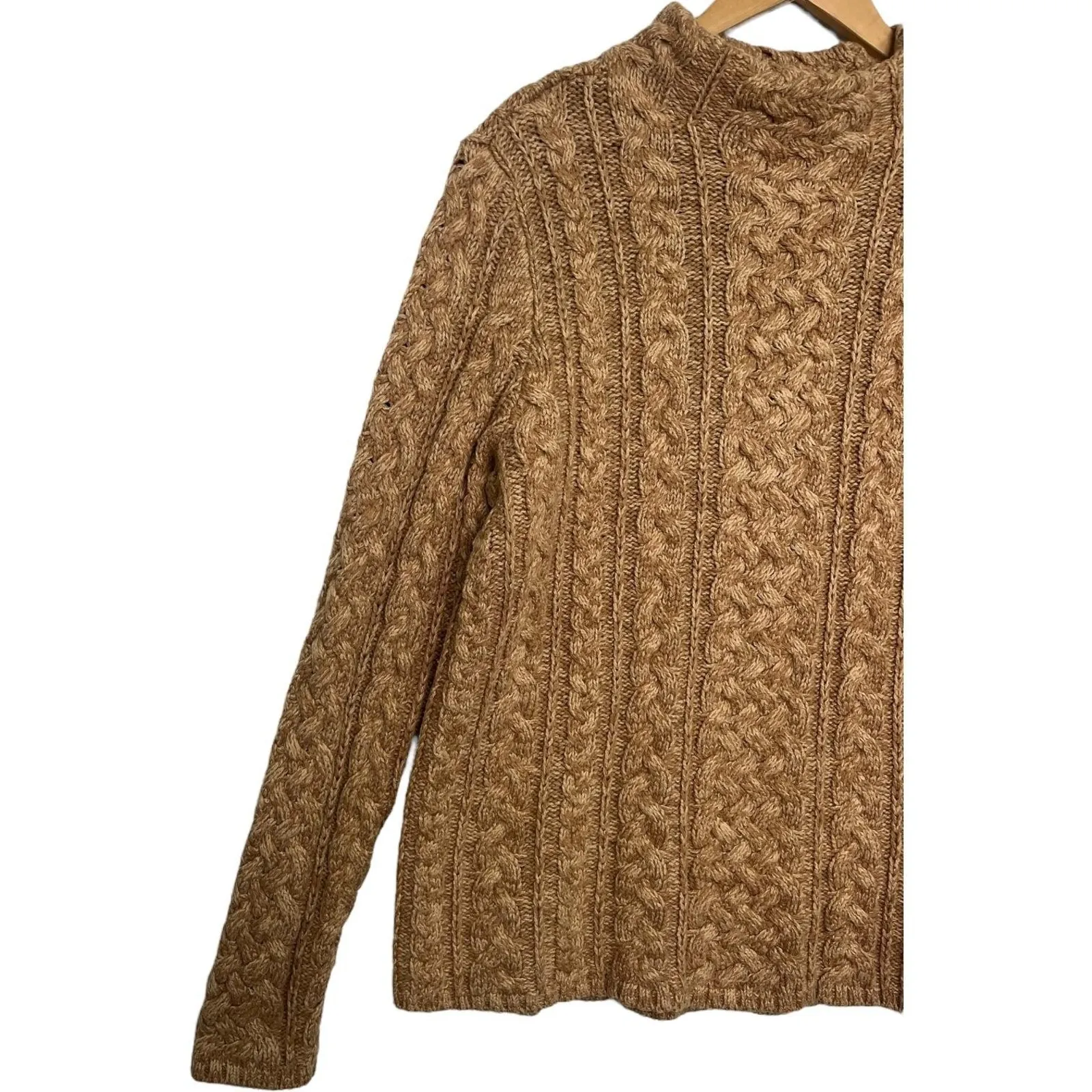 Lands End Sweater Womens XL 18 Tan Cable Knit Mock Neck Wool Blend Fisherman Brown - Image 5