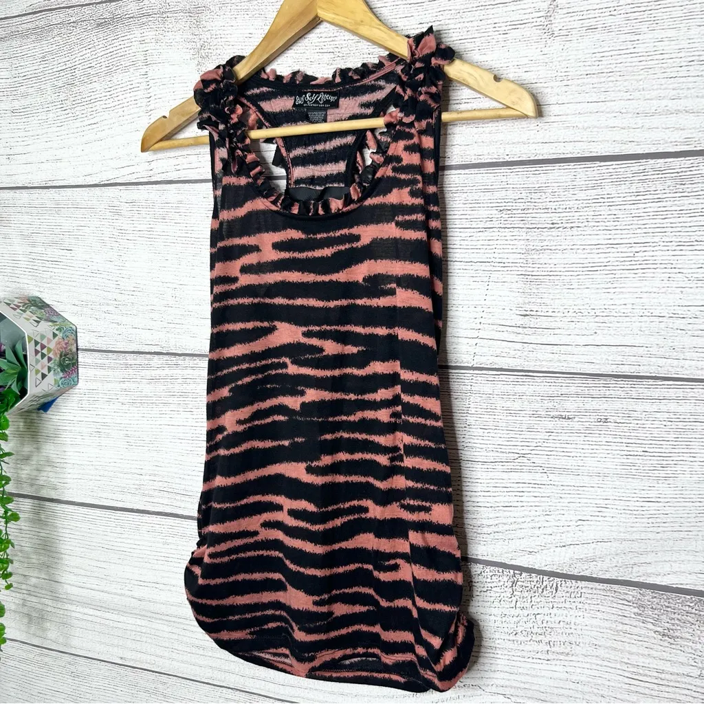 Vintage Y2K Pink & Black Zebra Ruffled Racerback Ruched Tank Top Size Medium - Image 2