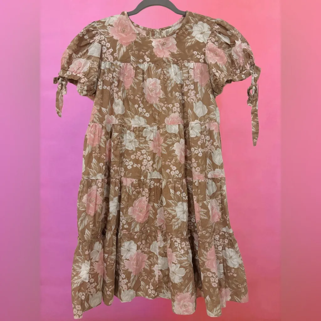Urban Outfitters Pastel Brown, Pink & White Floral Babydoll Dress - Size Medium - Image 2
