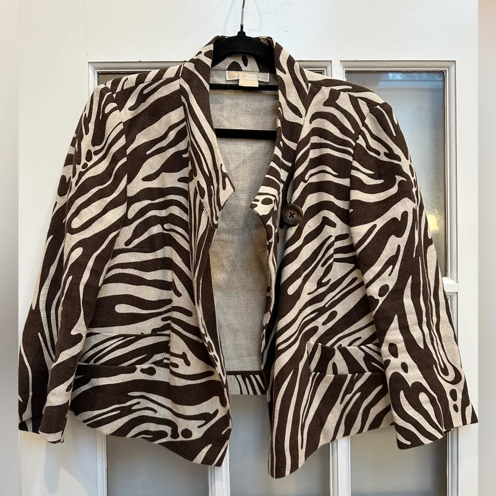 Michael Kors 100% Linen Brown Cream Chic Zebra Print Cropped Blazer Size 8 Med - Image 2