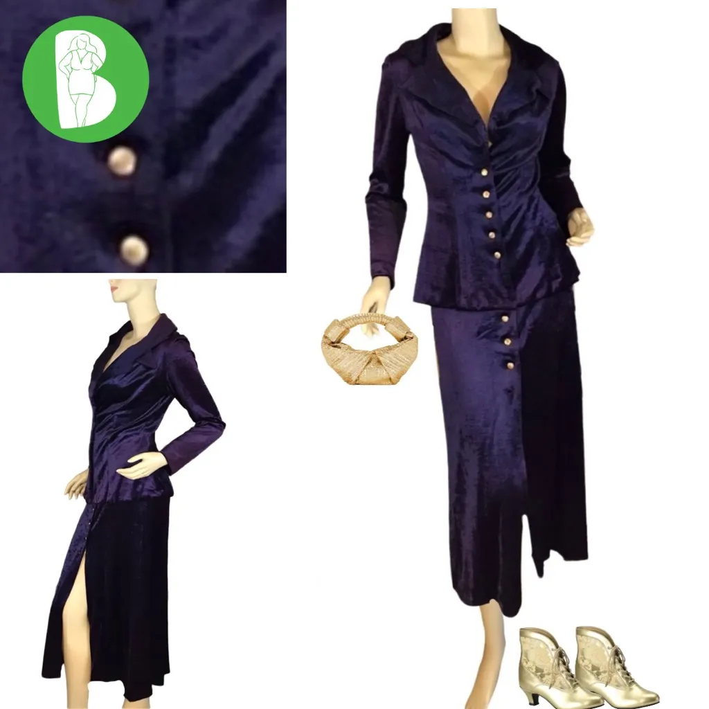 VINTAGE CIRCA 1980'S CRUSHED VELOUR PURPLE BUTTON DOWN TOP AND SKIRT SET (XS) - Image 2