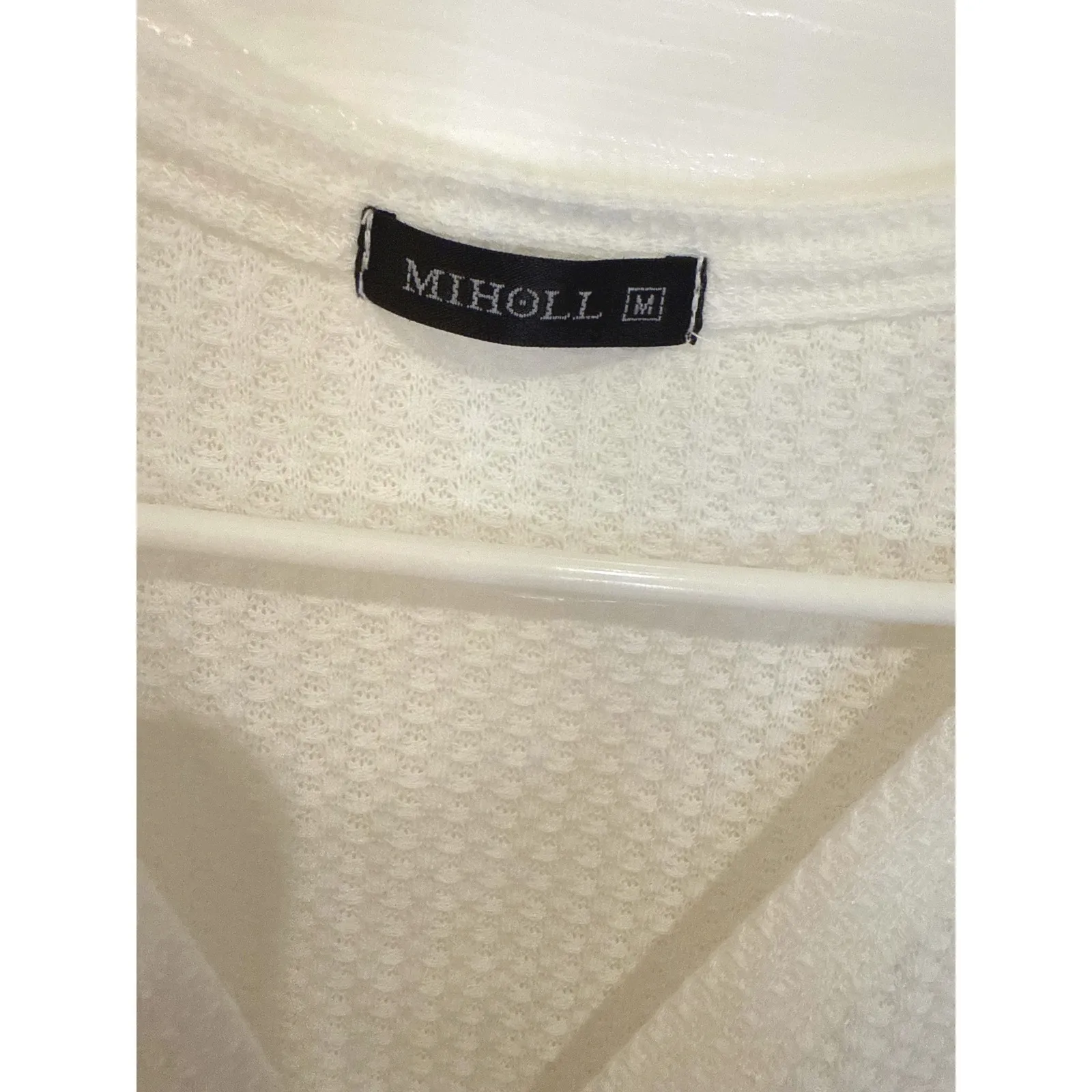 Miholl Women's Cream Waffle Knit Button Tie Front Top Short Sleeve White Size M - Image 3