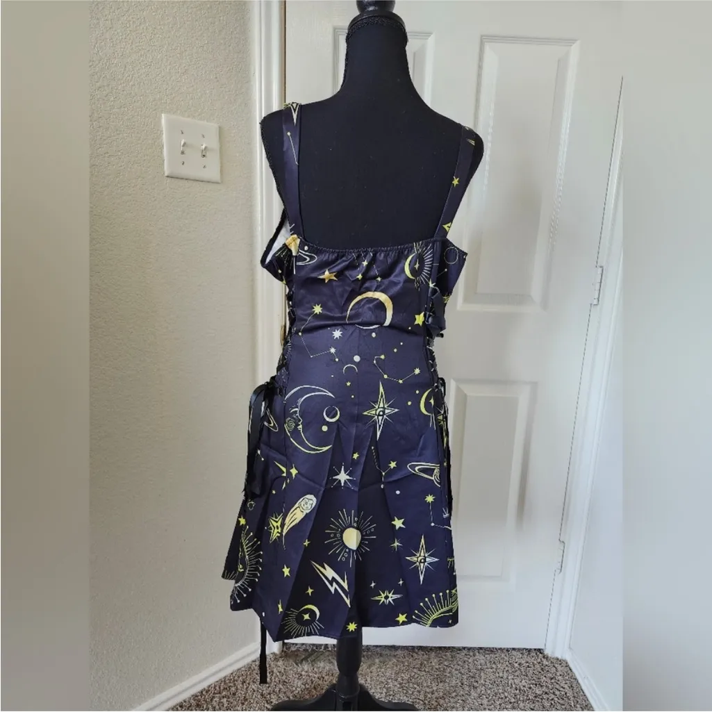Black Celestial Print Dress Star Moon Lace Up Zipper XL - Image 6