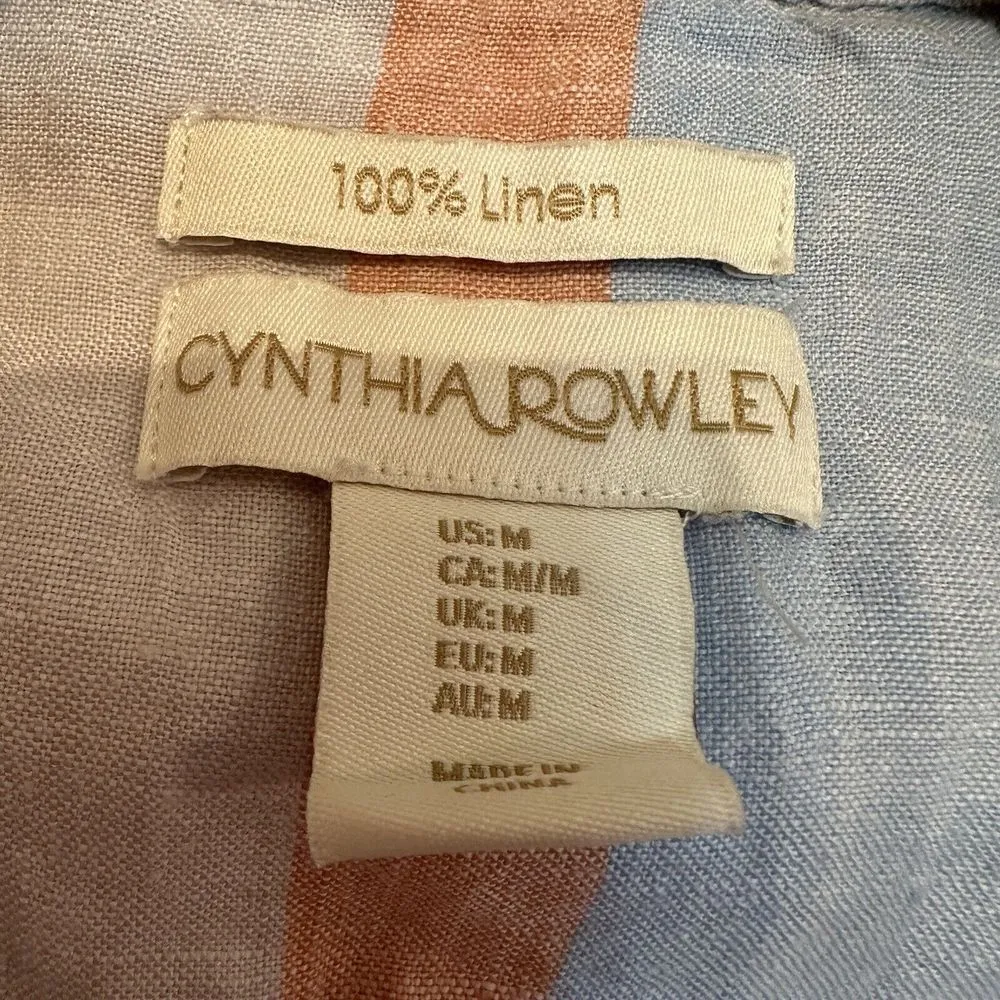 Cynthia Rowley Size Medium 100% Linen‎ Tunic Top Shirt Blue Orange White Striped - Image 4