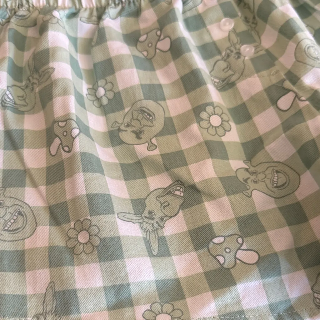 Green Checkered Shrek Patterned Shorts Size XS - Image 2