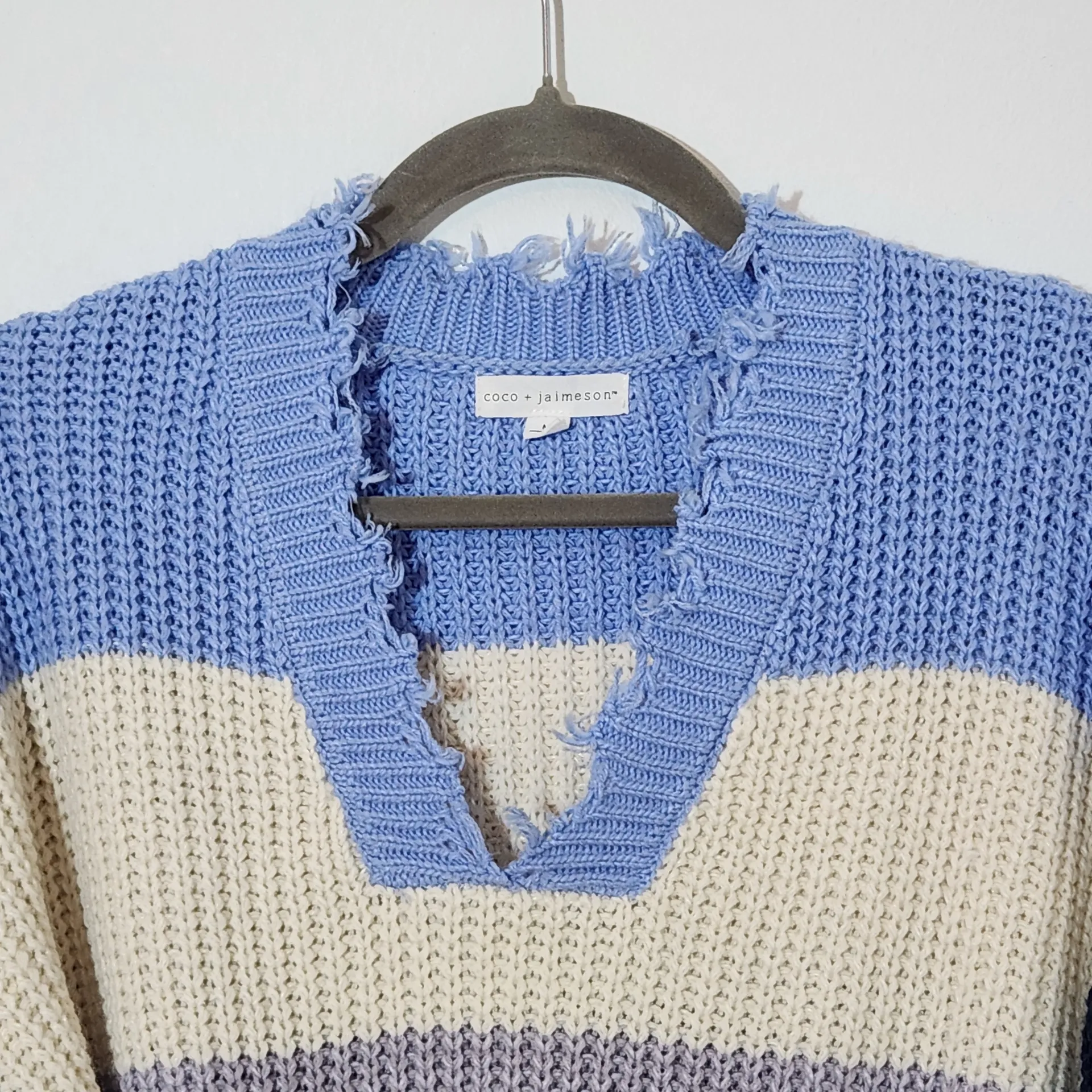 Coco + Jamieson Blue Striped Cropped Sweater with Frayed Hem Size Medium - Image 2