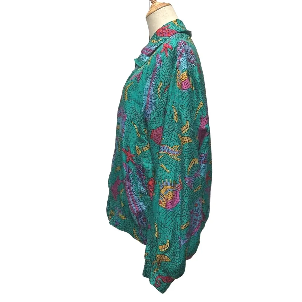 80s Lady‎ Bear Silk All Over Print Full Zip Bomber Jacket Green Plus Size 1X Vtg - Image 3