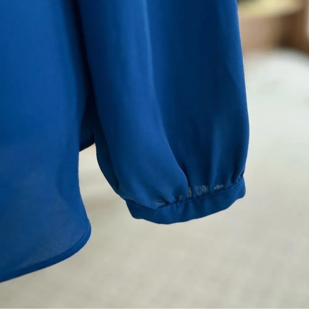 Lands’ End Top Draped Neck Royal Chiffon Blue Blouse 8 Cocktail Party Work Chic - Image 9