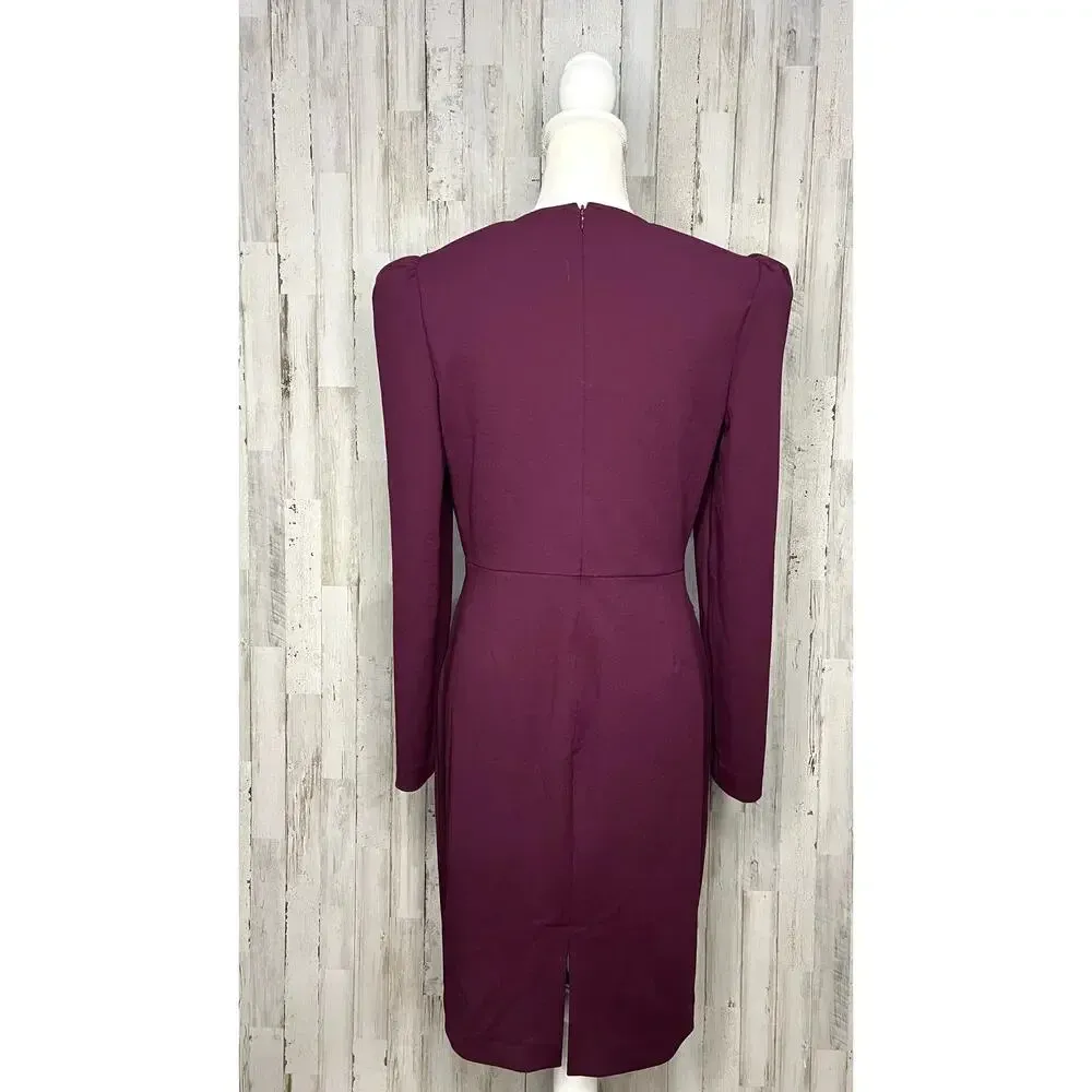 Trina Turk Women's Size 6 Burgundy V-Neck Puff‎ Sleeve Knee Length Dress - Image 4