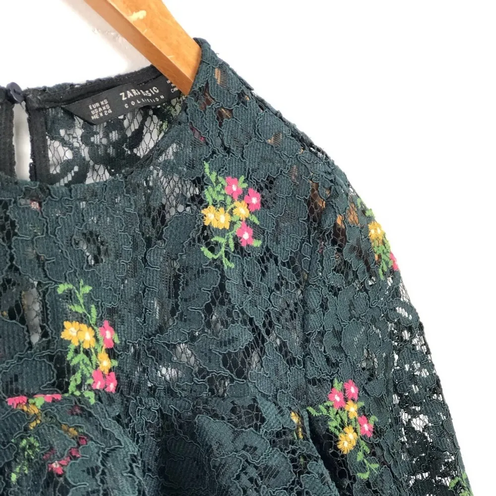 Zara Floral Lace Embroidered Mini Ruffle Bohemian Dress XS - Image 12