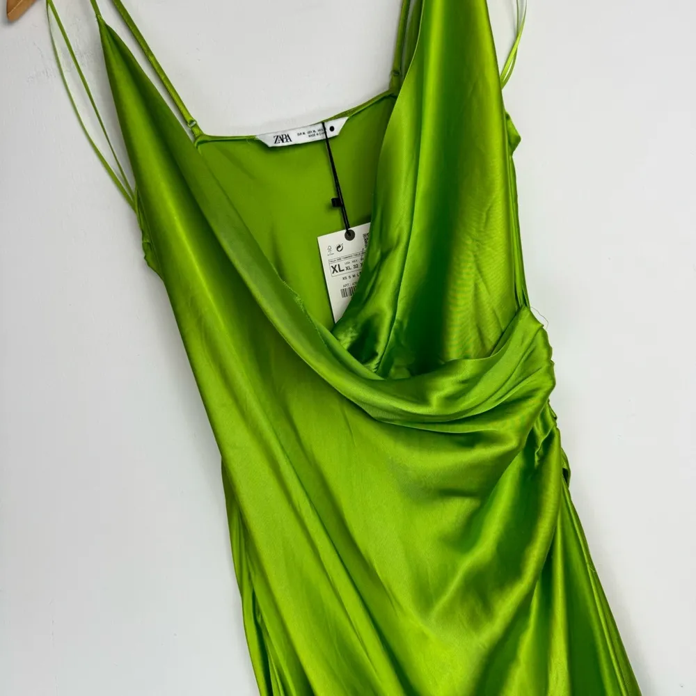NWT ZARA Bright Green Satin Slip Midi Dress Sz XL Drapey Wrap Side Slit - Image 7