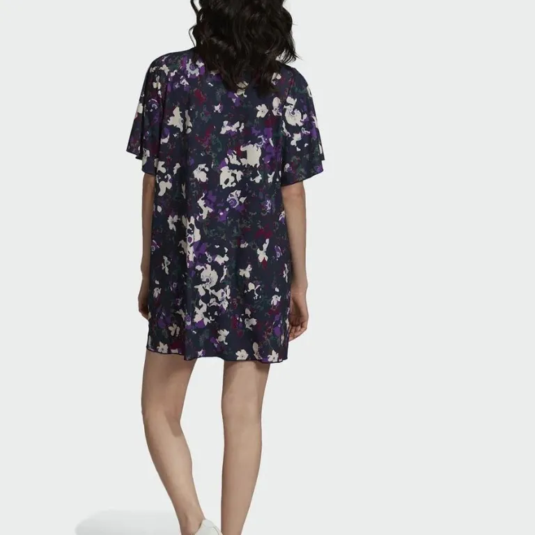 Adidas Floral Dress Size Large Ruffle Sleeve Multicolored Navy Blue Loose Fit - Image 3