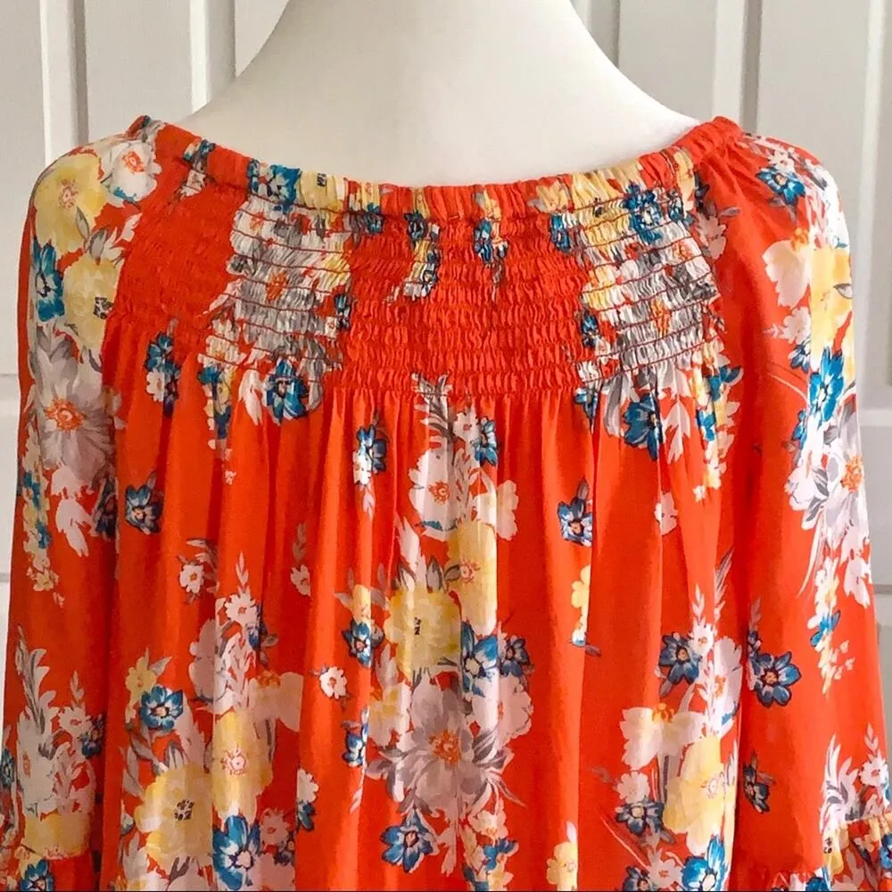 beachlunchlounge Top Latoya Tangerine Floral 3/4 Bell Sleeve Peasant Top Small - Image 5