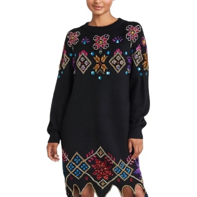 Vintage 80s Maggie Lawrence Black Jewel Beaded Knit Sweater Dress Art To Wear Size L - Image 15