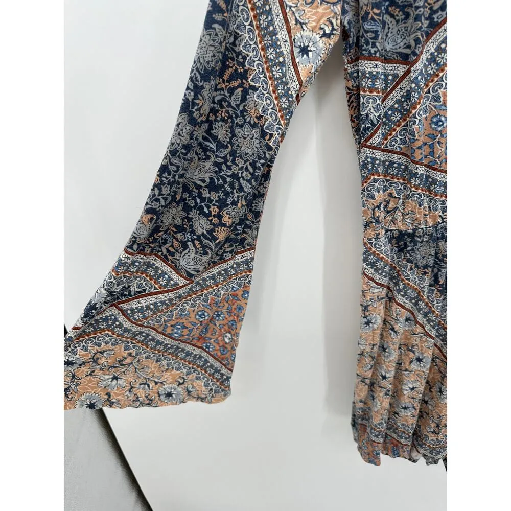 Earthbound Trading Co Blue Tan Floral Long Sleeve Romper Open Back Boho Women XL - Image 3