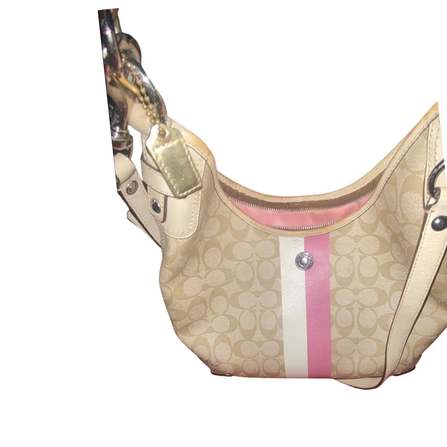 Coach Chelsea Signature Stripe Heritage Hobo Shoulder Bag Beige Pink White - Image 7