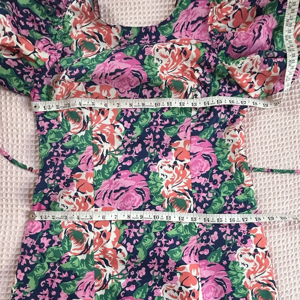 Melloday floral large puffsleeve round neck tie back poplin dress pockets NWT XS - Image 7