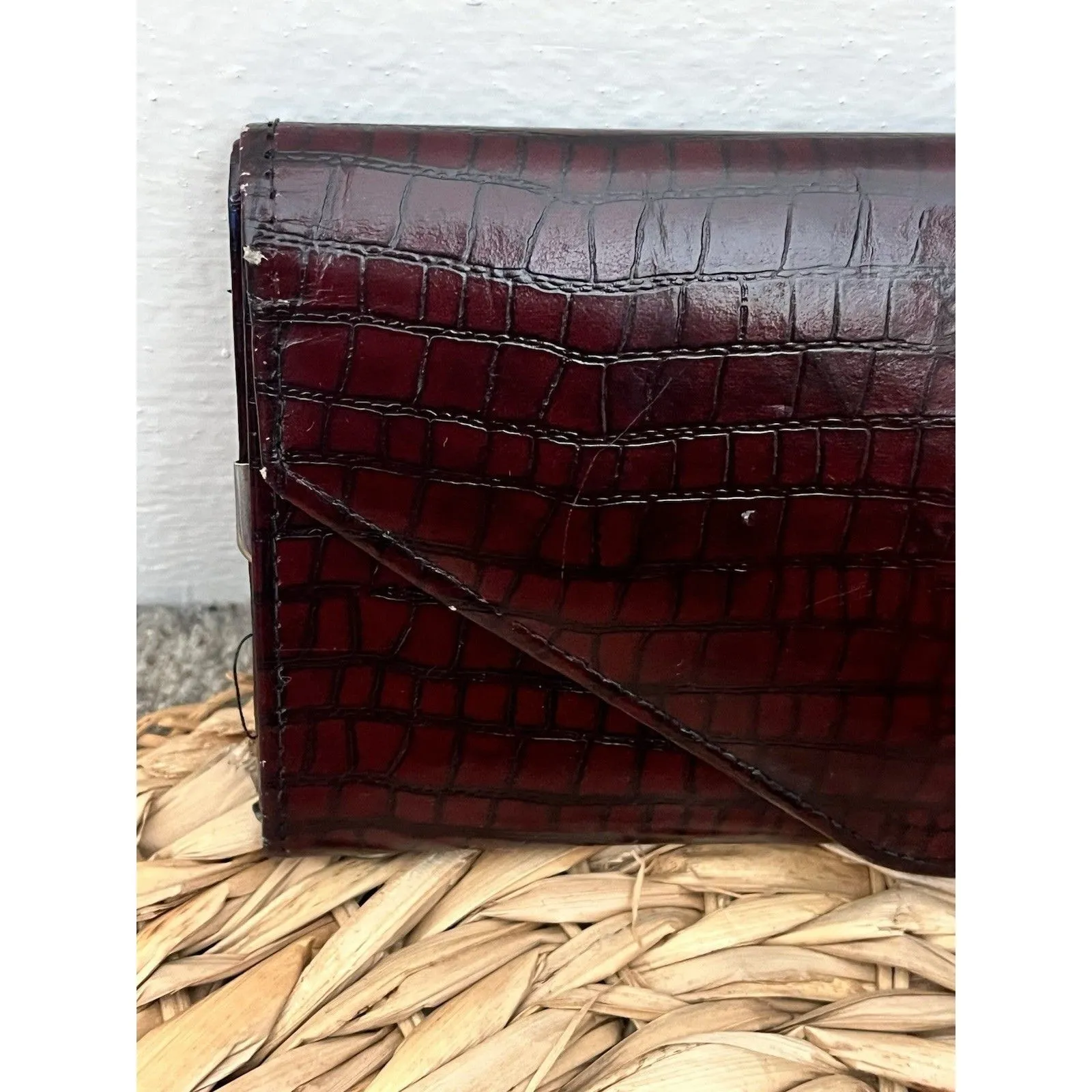 Vintage Embossed Crocodile Maroon Brown Snap Lock Flap Leather Clutch Wallet - Image 2