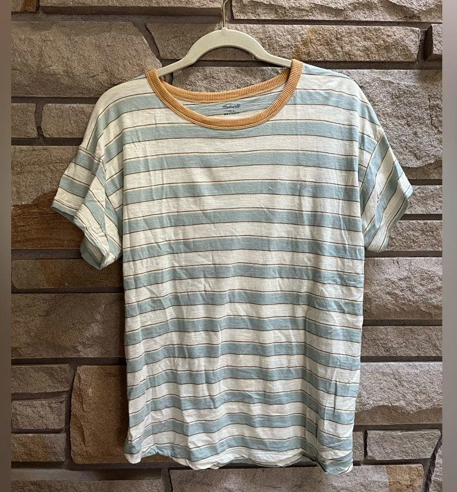 Madewell Whisper Cotton Crewneck Tee Tshirt Colewell Stripe aqua white large - Image 2